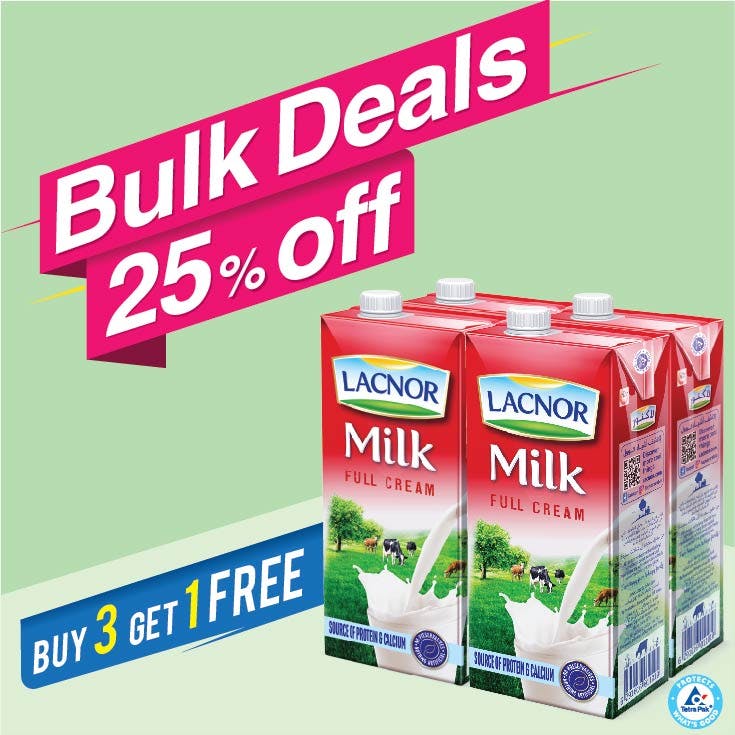 Bulk Offer Lacnor Long Life Full Cream Milk 1L Pack of 4 (Buy 3 Packs